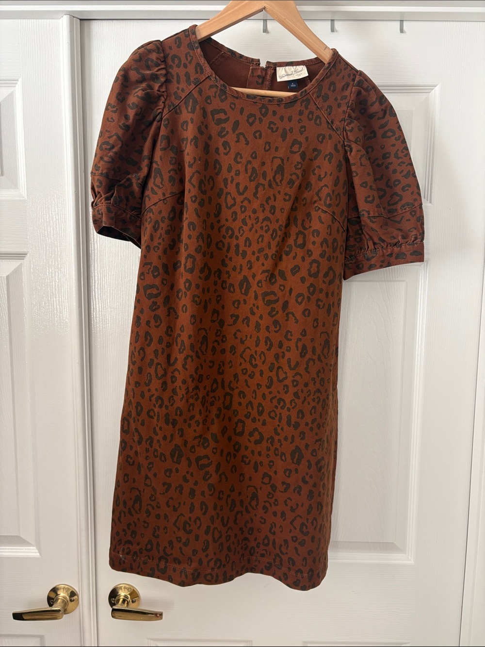Leopard Print denim Brown Puff Sleeve Shift Dress